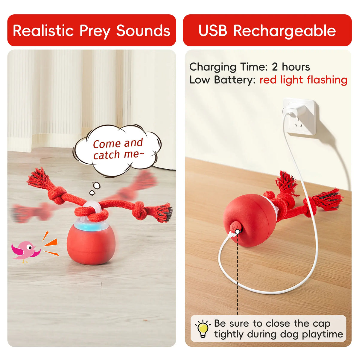 Potaroma Interactive Dog Toy - Automatic Rolling Squeaky Ball with Touch Activation, Rechargeable Dynamic Motion, Durable Rope for Small to Medium Puppies, Engaging Red Chasing Game