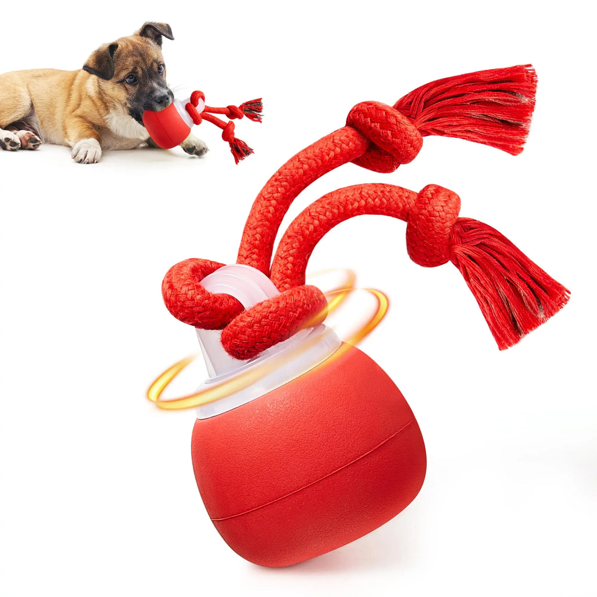 Potaroma Interactive Dog Toy - Automatic Rolling Squeaky Ball with Touch Activation, Rechargeable Dynamic Motion, Durable Rope for Small to Medium Puppies, Engaging Red Chasing Game