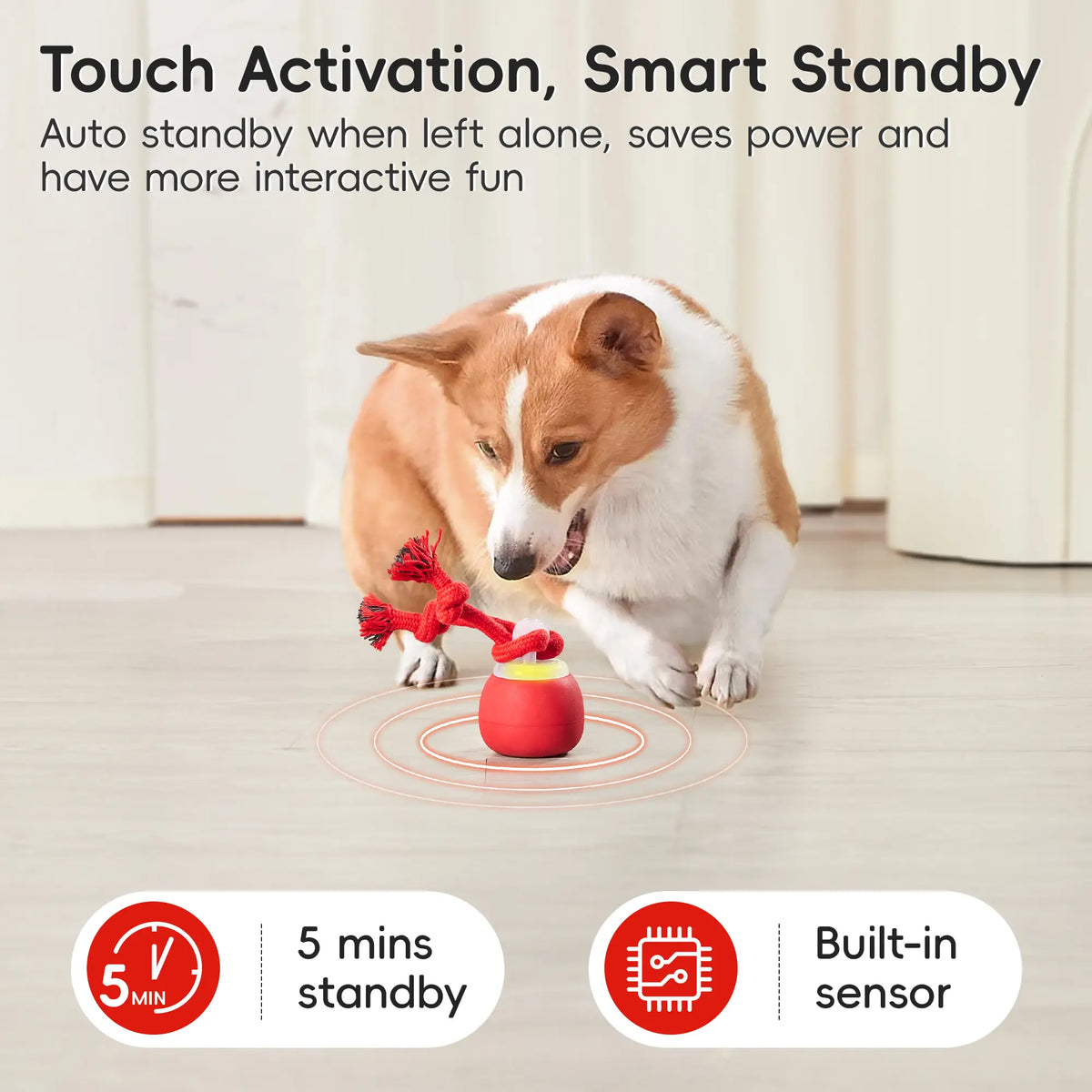 Potaroma Interactive Dog Toy - Automatic Rolling Squeaky Ball with Touch Activation, Rechargeable Dynamic Motion, Durable Rope for Small to Medium Puppies, Engaging Red Chasing Game