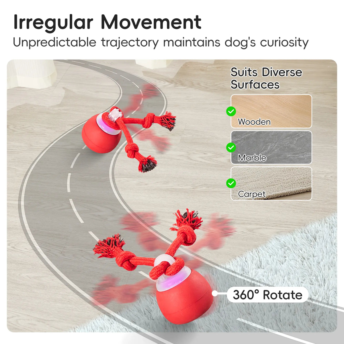 Potaroma Interactive Dog Toy - Automatic Rolling Squeaky Ball with Touch Activation, Rechargeable Dynamic Motion, Durable Rope for Small to Medium Puppies, Engaging Red Chasing Game