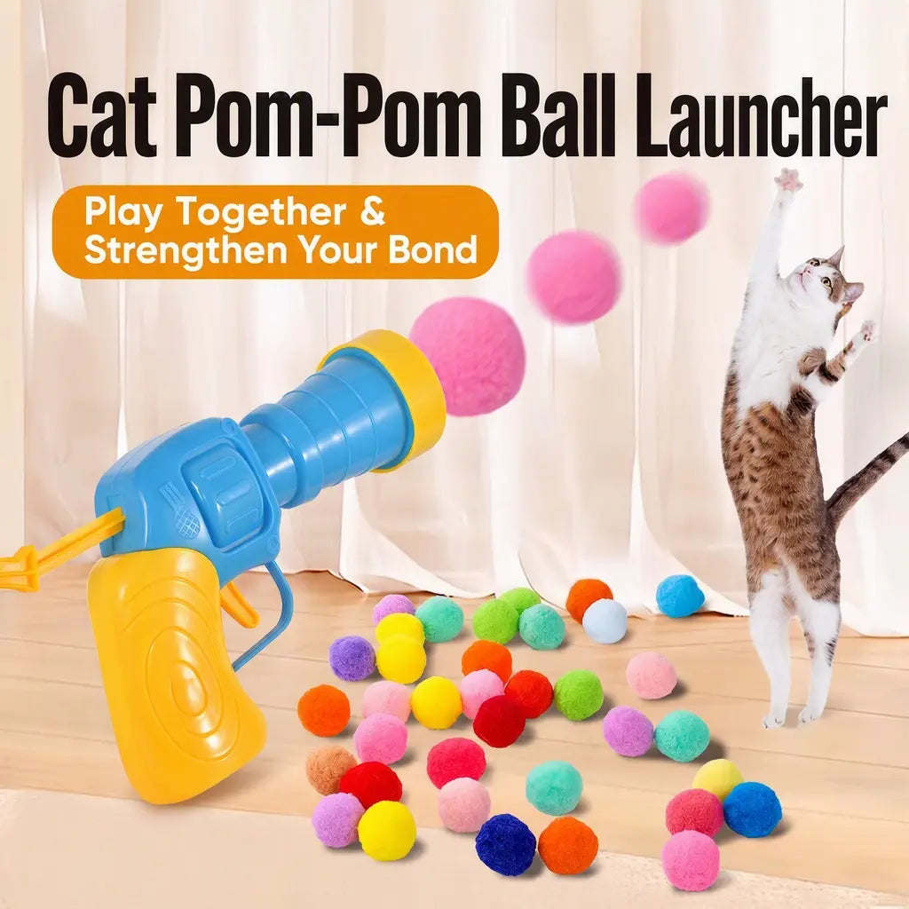 Plastic Universal Interactive Cat Toy Launcher Set - 1 Launcher, 30 Plush Balls, Battery-Free, Durable, Manual Trigger, Indoor Chasing Game, Bonding Boost, Ideal Gift for Cats